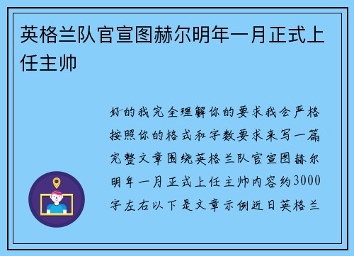 英格兰队官宣图赫尔明年一月正式上任主帅